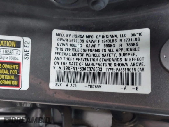 2010 Honda Civic LX-S z VIN 19XFA1F60AE070633, wystawiony jako IAAI lot #42205266 z przebiegiem 217 467 mil mil oraz . Historia ofert i sprzedaży dostępna na DreamBid. Obrazek 9.