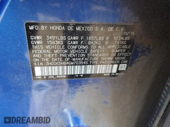 2016 Honda Fit EX-L with VIN 3HGGK5H84GM703545, listed as a Copart auction lot 84183844 with 97,709 mi miles and Salvage title. Bid and sale history available at DreamBid. Image 14.