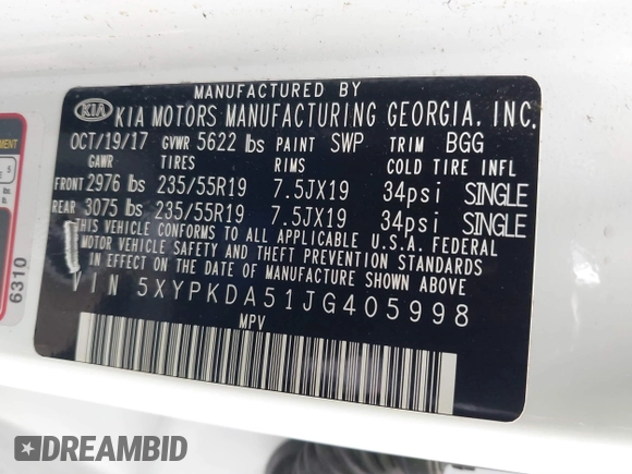 2018 Kia Sorento SX with VIN 5XYPKDA51JG405998, listed as a IAAI auction lot 41837641 with 138,909 mi miles and . Bid and sale history available at carsss.com. Image 9.