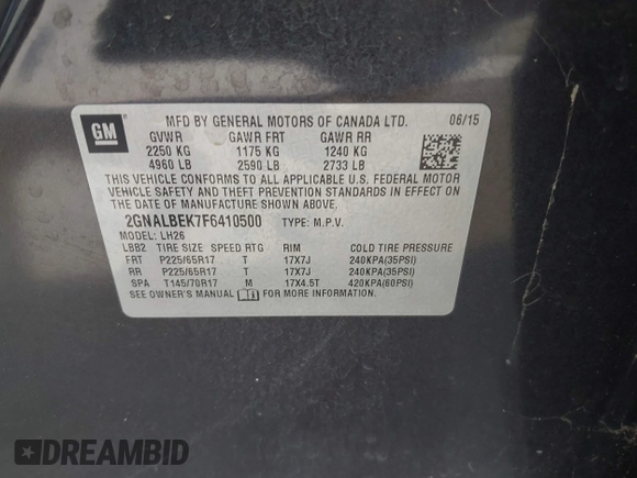 2015 Chevrolet Equinox LT with VIN 2GNALBEK7F6410500, listed as a IAAI auction lot 41892728 with 98,942 mi miles. Bid and sale history available at carsss.com. Image 9.