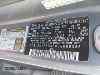 2020 Kia Sorento SX z VIN 5XYPKDA58LG686586, wystawiony jako IAAI lot #40502030 z przebiegiem 76 546 mil mil oraz . Historia ofert i sprzedaży dostępna na DreamBid. Obrazek 9.