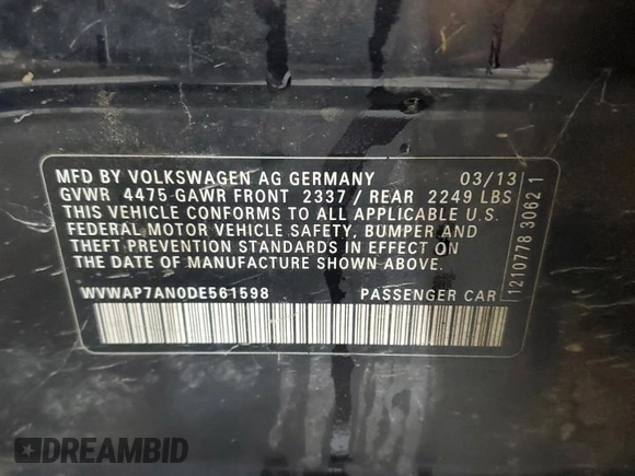 2013 Volkswagen CC Sport with VIN WVWAP7AN0DE561598, listed as a Copart auction lot 49790665 with 122,751 mi miles and Salvage Title. Bid and sale history available at carsss.com. Image 13.