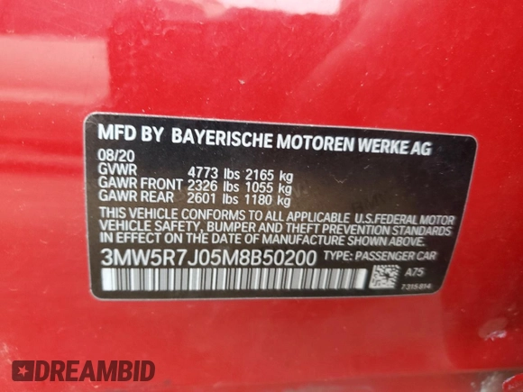2021 BMW 3 Series 330i xDrive with VIN 3MW5R7J05M8B50200, listed as a Copart auction lot 46443405 with 35,663 mi miles and Salvage title. Bid and sale history available at DreamBid. Image 12.