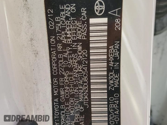 2012 Toyota Prius One with VIN JTDKN3DU8C5412120, listed as a Copart auction lot 56515715 with 92,246 mi miles and Clean Title. Bid and sale history available at DreamBid. Image 12.