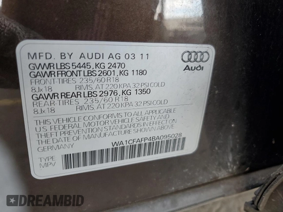 2011 Audi Q5 Premium with VIN WA1CFAFP4BA095028, listed as a Copart auction lot 46367215 with 156,682 mi miles and Salvage title. Bid and sale history available at DreamBid. Image 12.