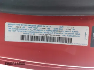 2003 Volkswagen Beetle GLS с VIN 3VWCK21Y73M320888, выставлен на аукционе IAAI как лот 42424109 с пробегом Не указан миль и . История ставок и продаж доступна на DreamBid. Изображение 9.