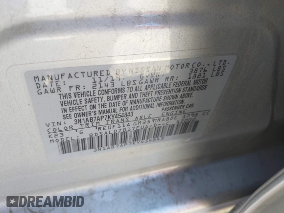2019 Nissan Sentra SV with VIN 3N1AB7AP7KY454843, listed as a IAAI auction lot 41993269 with 137,806 mi miles and . Bid and sale history available at DreamBid. Image 9.