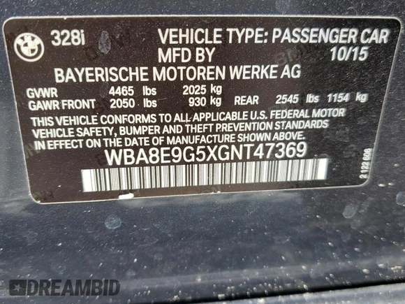 2016 BMW 3 Series 328i с VIN WBA8E9G5XGNT47369, выставлен на аукционе Copart как лот 57217275 с пробегом 66 843 миль миль и Списание • Salvage title. История ставок и продаж доступна на DreamBid. Изображение 12.
