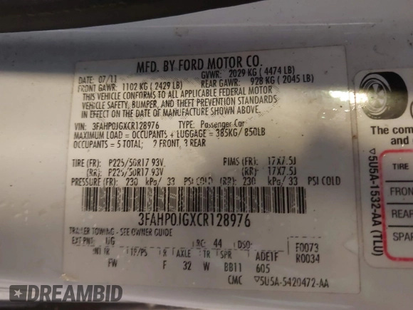 2012 Ford Fusion SEL with VIN 3FAHP0JGXCR128976, listed as a IAAI auction lot 41721468 with 115,277 mi miles. Bid and sale history available at carsss.com. Image 9.