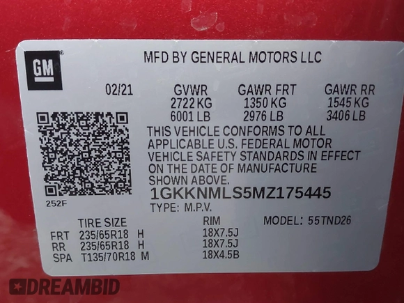 2021 GMC Acadia SLT with VIN 1GKKNMLS5MZ175445, listed as a IAAI auction lot 41505727 with 50,385 mi miles and . Bid and sale history available at carsss.com. Image 9.