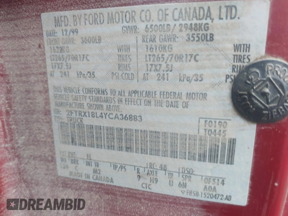 2000 Ford F-150 XL with VIN 2FTRX18L4YCA36883, listed as a IAAI auction lot 42039682 with 279,390 mi miles and . Bid and sale history available at DreamBid. Image 9.