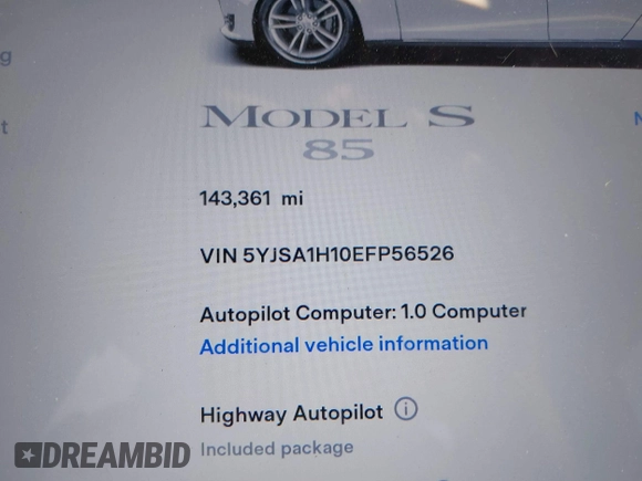 2014 Tesla Model S 60 with VIN 5YJSA1H10EFP56526, listed as a IAAI auction lot 41871784 with 143,361 mi miles and . Bid and sale history available at DreamBid. Image 7.