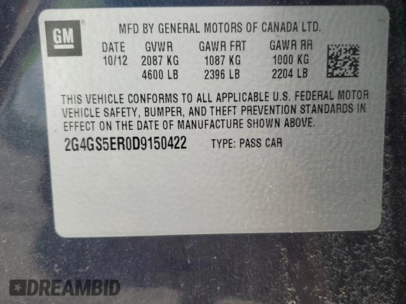 2013 Buick Regal Premium 1 с VIN 2G4GS5ER0D9150422, выставлен на аукционе Copart как лот 58039445 с пробегом 114 202 миль миль и Списание • Salvage title. История ставок и продаж доступна на DreamBid. Изображение 12.