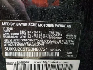 2016 BMW X6 xDrive35i with VIN 5UXKU2C51G0N80724, listed as a Copart auction lot 38999033 with 89,747 mi miles. Bid and sale history available at carsss.com. Image 12.