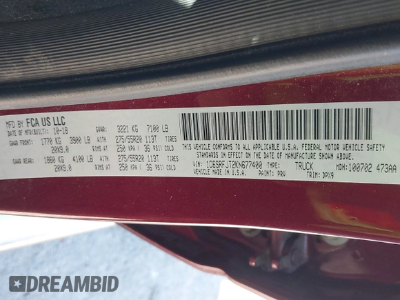 2019 Ram 1500 Laramie with VIN 1C6SRFJT2KN677400, listed as a IAAI auction lot 42441010 with 76,750 mi miles and . Bid and sale history available at DreamBid. Image 9.