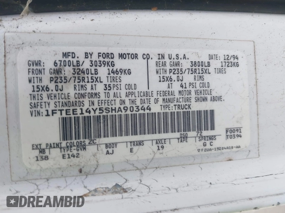 1995 Ford Econoline Cargo with VIN 1FTEE14Y5SHA90344, listed as a IAAI auction lot 42024047 with 121,755 mi miles and . Bid and sale history available at DreamBid. Image 9.