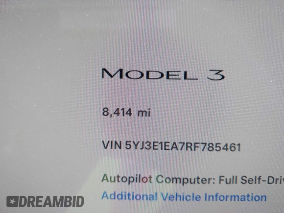 2024 Tesla Model 3 with VIN 5YJ3E1EA7RF785461, listed as a IAAI auction lot 41840091 with 8,414 mi miles. Bid and sale history available at carsss.com. Image 15.