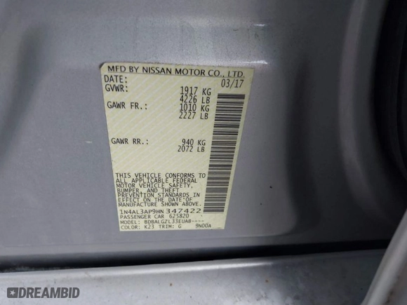 2017 Nissan Altima 2.5 S with VIN 1N4AL3AP9HN347422, listed as a IAAI auction lot 40770287 with 120,709 mi miles. Bid and sale history available at carsss.com. Image 9.