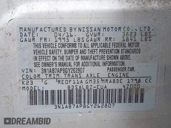 2016 Nissan Sentra SV with VIN 3N1AB7AP8GY262807, listed as a IAAI auction lot 41502163 with 123,707 mi miles and . Bid and sale history available at DreamBid. Image 9.