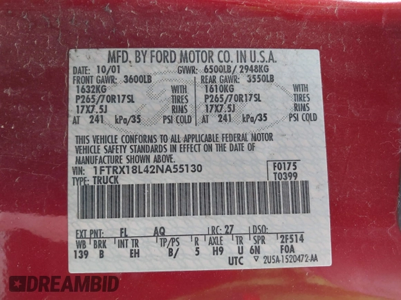 2002 Ford F-150 XL z VIN 1FTRX18L42NA55130, wystawiony jako IAAI lot #42088576 z przebiegiem Nie podano mil oraz . Historia ofert i sprzedaży dostępna na DreamBid. Obrazek 9.