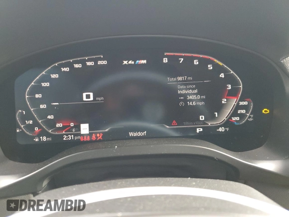 2023 BMW X4 M with VIN 5YM23EC03P9S24918, listed as a Copart auction lot 45127705 with 9,817 mi miles and Salvage Title. Bid and sale history available at carsss.com. Image 9.