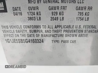 2016 Chevrolet Sonic LTZ z VIN 1G1JE5SB5G4160324, wystawiony jako IAAI lot #42162934 z przebiegiem 56 551 mil mil oraz . Historia ofert i sprzedaży dostępna na DreamBid. Obrazek 9.