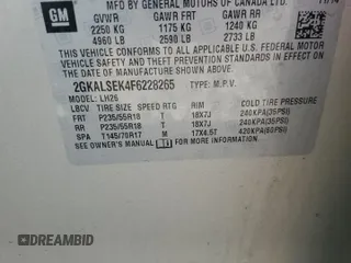 2015 GMC Terrain SLT with VIN 2GKALSEK4F6228265, listed as a Copart auction lot 52541575 with 127,475 mi miles and Salvage title. Bid and sale history available at DreamBid. Image 14.