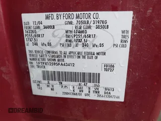 2005 Ford F-150 XLT with VIN 1FTPX12595FA43412, listed as a IAAI auction lot 41902118 with 198,025 mi miles. Bid and sale history available at carsss.com. Image 9.