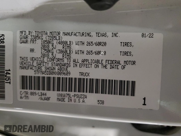 2022 Toyota Tundra 1794 Edition with VIN 5TFMA5DB0NX009609, listed as a Copart auction lot 86996704 with 79,697 mi miles and Salvage title. Bid and sale history available at DreamBid. Image 12.