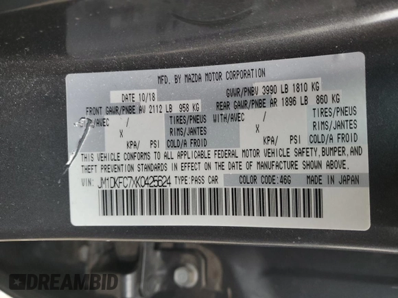 2019 Mazda CX-3 Touring with VIN JM1DKFC7XK0425624, listed as a Copart auction lot 48925815 with 63,563 mi miles and Non Repairable. Bid and sale history available at DreamBid. Image 14.