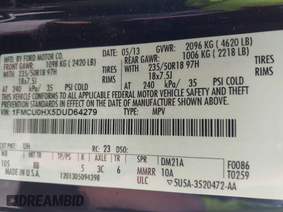 2013 Ford Escape SEL with VIN 1FMCU0HX5DUD64279, listed as a IAAI auction lot 42105721 with 178,271 mi miles. Bid and sale history available at carsss.com. Image 9.