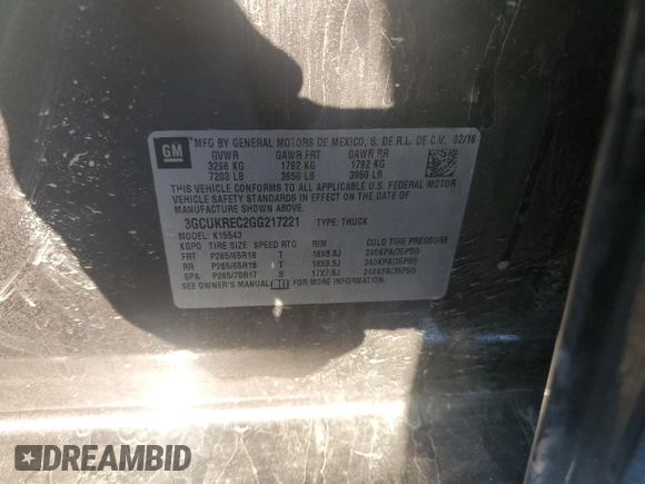 2016 Chevrolet Silverado 1500 LT with VIN 3GCUKREC2GG217221, listed as a Copart auction lot 50032915 with 105,022 mi miles and Salvage Title. Bid and sale history available at DreamBid. Image 12.