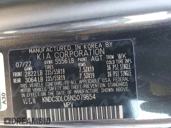 2022 Kia EV6 Wind with VIN KNDC3DLC6N5079654, listed as a Copart auction lot 49720515 with 42,676 mi miles and Salvage Title. Bid and sale history available at carsss.com. Image 12.