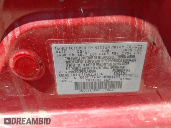 2015 Nissan Note SR with VIN 3N1CE2CP0FL440687, listed as a IAAI auction lot 42719691 with 91,903 mi miles and . Bid and sale history available at DreamBid. Image 9.