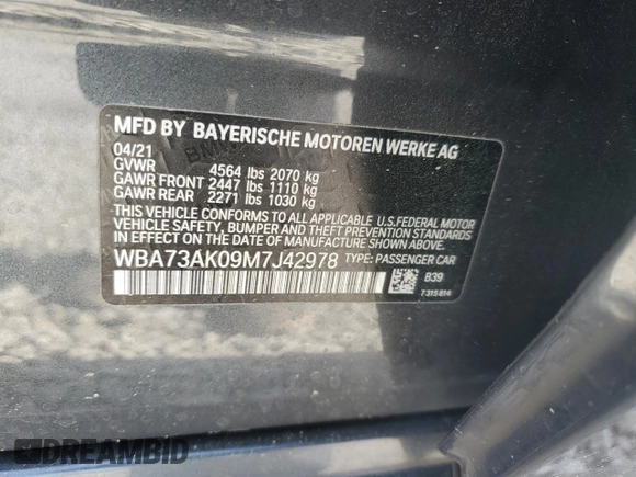 2021 BMW 2 Series 228i xDrive with VIN WBA73AK09M7J42978, listed as a Copart auction lot 51377335 with 66,474 mi miles and Salvage title. Bid and sale history available at DreamBid. Image 14.