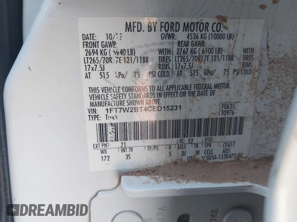 2012 Ford F-250 XL with VIN 1FT7W2BT4CED15231, listed as a IAAI auction lot 42225762 with 272,861 mi miles and . Bid and sale history available at DreamBid. Image 9.