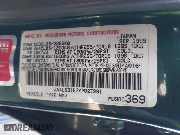 2000 Mitsubishi Montero LS z VIN JA4LS31H2YP027291, wystawiony jako IAAI lot #42519886 z przebiegiem 249 915 mil mil oraz . Historia ofert i sprzedaży dostępna na DreamBid. Obrazek 9.