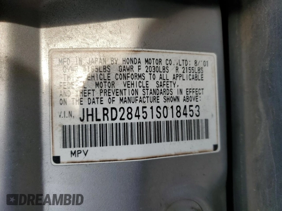 2001 Honda CR-V LX z VIN JHLRD28451S018453, wystawiony jako Copart lot #50223485 z przebiegiem 143 894 mil mil oraz Szkoda całkowita • Salvage title. Historia ofert i sprzedaży dostępna na DreamBid. Obrazek 13.