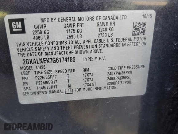 2016 GMC Terrain SLE with VIN 2GKALNEK7G6174186, listed as a Copart auction lot 53999055 with 125,130 mi miles and Clean Title. Bid and sale history available at carsss.com. Image 13.