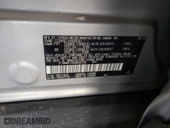 2019 Toyota RAV4 Hybrid XLE with VIN 2T3RWRFV2KW032119, listed as a Copart auction lot 49328235 with 135,235 mi miles and Salvage Title. Bid and sale history available at carsss.com. Image 13.
