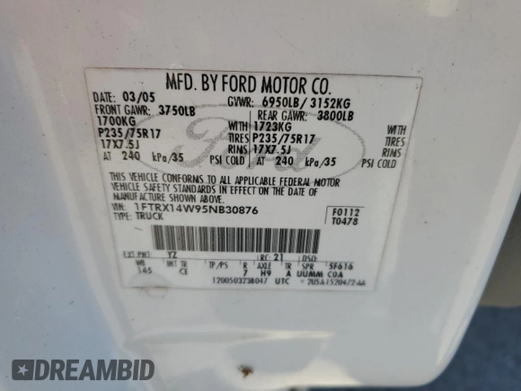 2005 Ford F-150 STX with VIN 1FTRX14W95NB30876, listed as a Copart auction lot 49409375 with 217,284 mi miles and Clean Title. Bid and sale history available at carsss.com. Image 12.