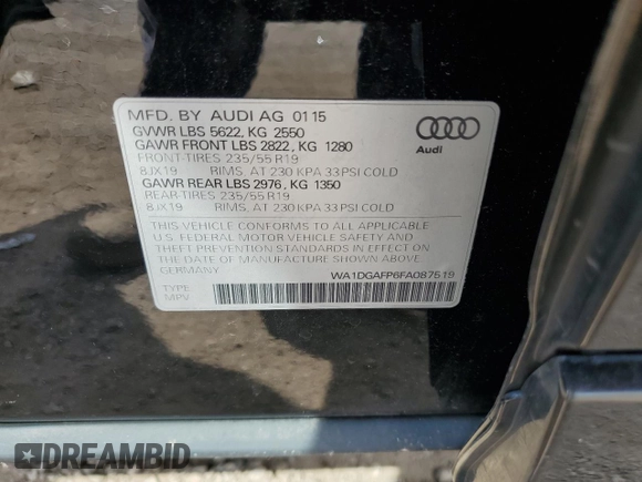 2015 Audi Q5 Premium Plus with VIN WA1DGAFP6FA087519, listed as a Copart auction lot 62782455 with 178,167 mi miles and Salvage title. Bid and sale history available at DreamBid. Image 13.