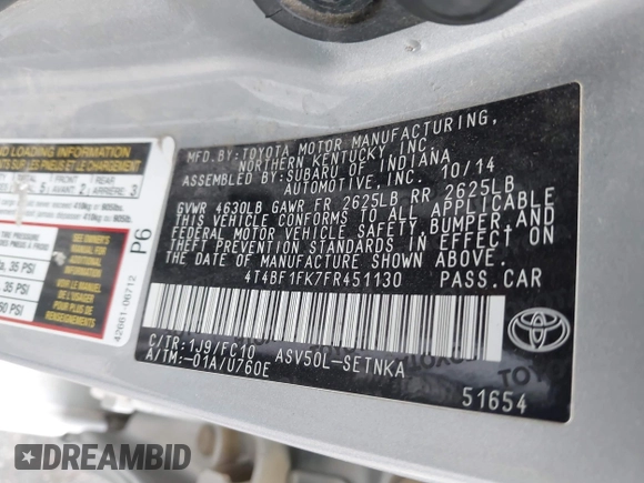 2015 Toyota Camry XLE с VIN 4T4BF1FK7FR451130, выставлен на аукционе IAAI как лот 42124227 с пробегом 194 258 миль миль и . История ставок и продаж доступна на DreamBid. Изображение 9.