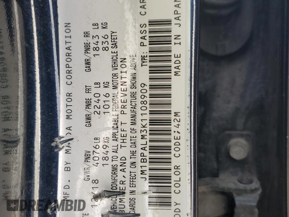 2019 Mazda 3 with VIN JM1BPALM3K1108909, listed as a Copart auction lot 44447385 with 109,442 mi miles and Salvage title. Bid and sale history available at DreamBid. Image 14.