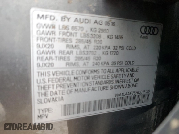 2017 Audi Q7 Premium Plus with VIN WA1LAAF75HD017136, listed as a Copart auction lot 47532085 with 98,335 mi miles and Clean Title. Bid and sale history available at carsss.com. Image 16.