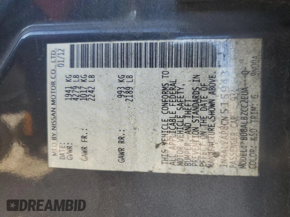 2012 Nissan Altima 2.5 S with VIN 1N4AL2AP8CN515943, listed as a Copart auction lot 46927125 with 158,006 mi miles and Salvage Title. Bid and sale history available at carsss.com. Image 12.