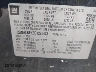 2013 Chevrolet Equinox LS z VIN 2GNALBEK8D1220473, wystawiony jako IAAI lot #41734800 z przebiegiem 211 391 mil mil oraz . Historia ofert i sprzedaży dostępna na DreamBid. Obrazek 9.
