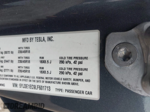 2020 Tesla Model 3 Performance z VIN 5YJ3E1EC9LF601713, wystawiony jako IAAI lot #41888617 z przebiegiem 70 517 mil mil oraz . Historia ofert i sprzedaży dostępna na DreamBid. Obrazek 9.