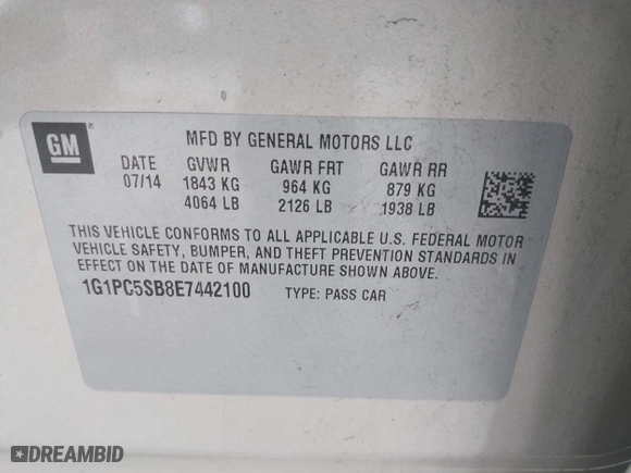 2014 Chevrolet Cruze 1LT with VIN 1G1PC5SB8E7442100, listed as a IAAI auction lot 42092820 with 113,178 mi miles. Bid and sale history available at carsss.com. Image 9.