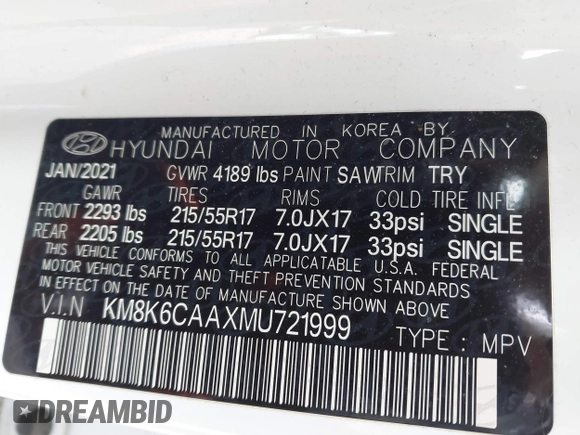 2021 Hyundai Kona SEL Plus with VIN KM8K6CAAXMU721999, listed as a IAAI auction lot 41790048 with 11,580 mi miles. Bid and sale history available at carsss.com. Image 9.